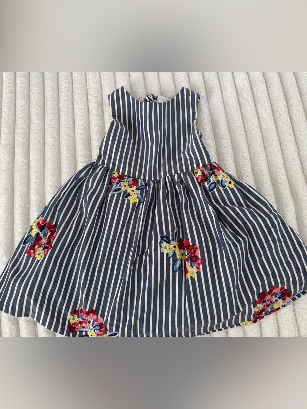Rare Editions sleeveless Navy Stripe Floral Embroidered Dress